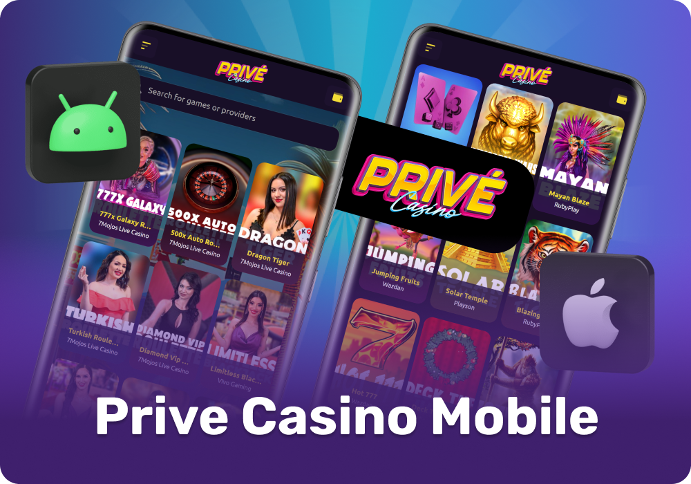 European players can easily use Prive Casino at Android and iOS using mobile browser