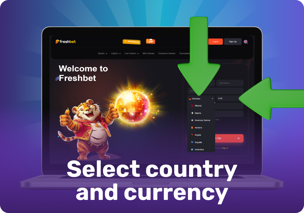 To create a Freshbet Casino account, select your country and currency