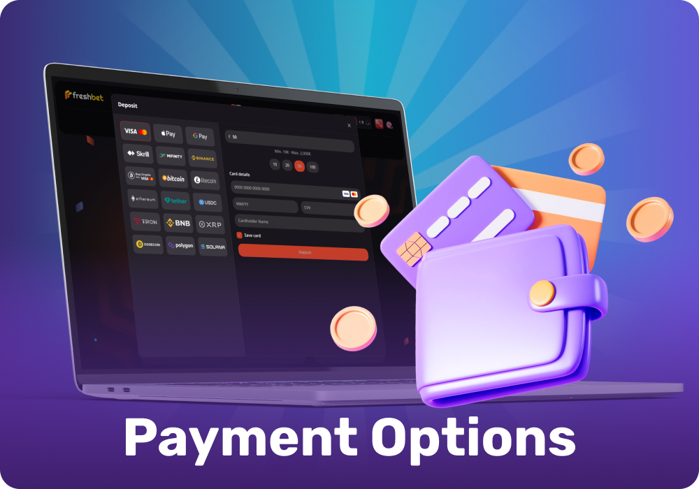 Freshbet supports deposits and withdrawals via bank cards, electronic payments, and cryptocurrencies, depending on the region