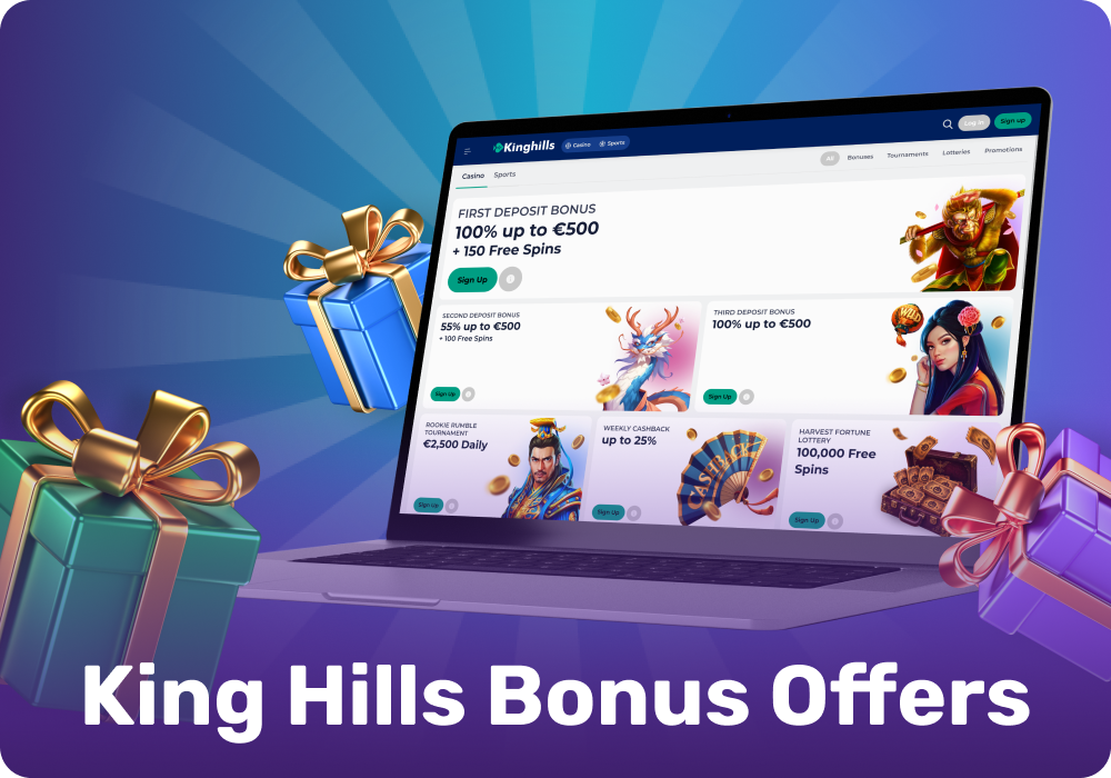 King Hills players can take advantage of welcome bonuses, weekly deposit bonuses, cashback, and exclusive rewards